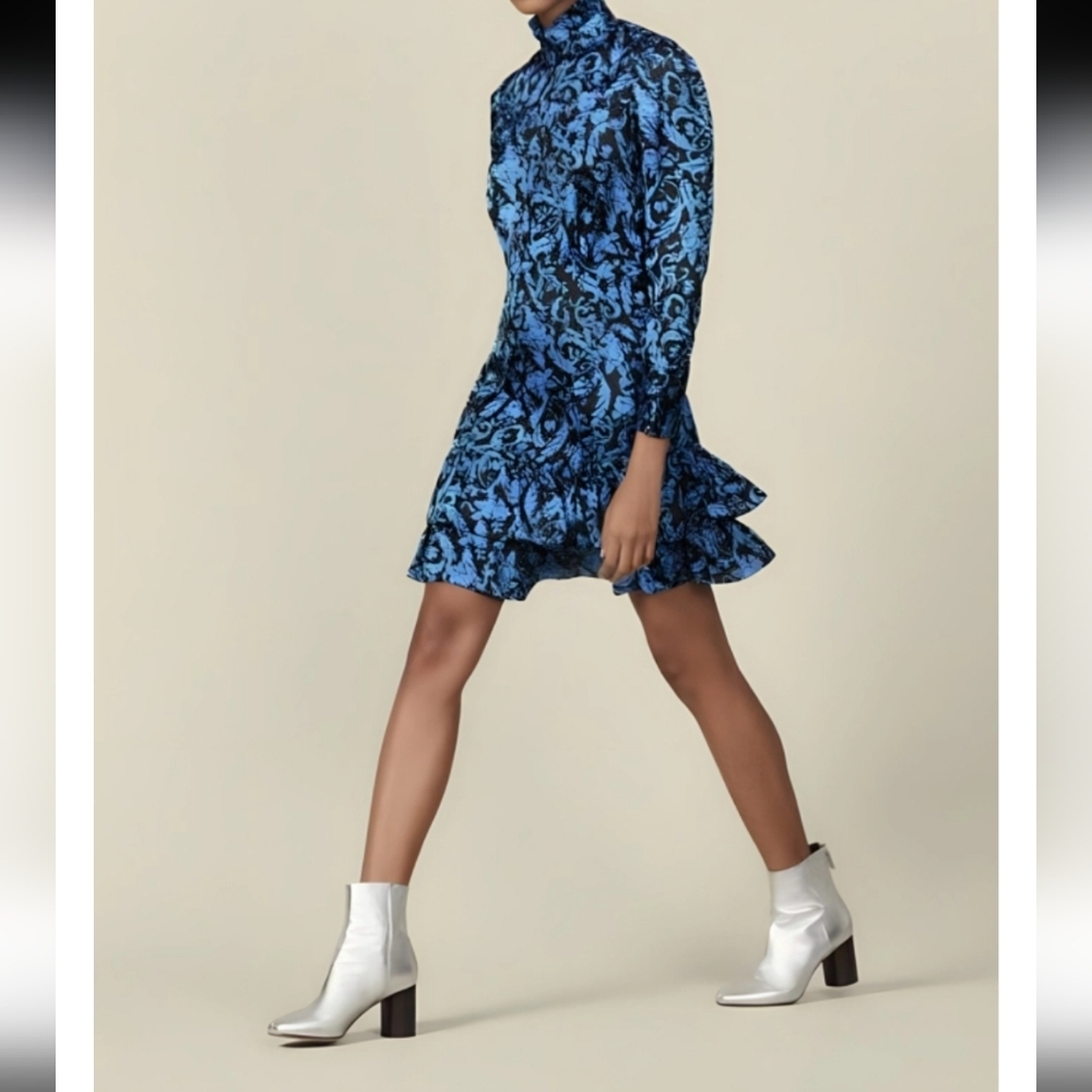 Sandro Paris Alna Blue Floral On Black Long Sleeve Mini Dress Size FR 36 US 4